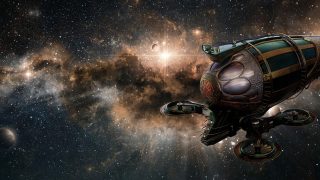 欧美科幻大片免费高清在线，宇宙飞船从星云中驶出，蓝紫色宇宙背景震撼视觉